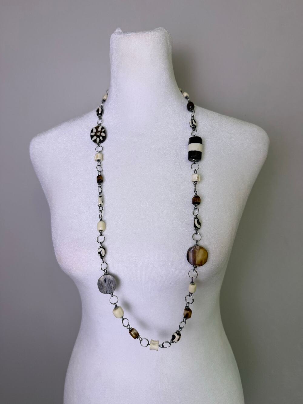 Boho Tribal Beaded Statement Necklace Neutral Earth Tones Long Necklace